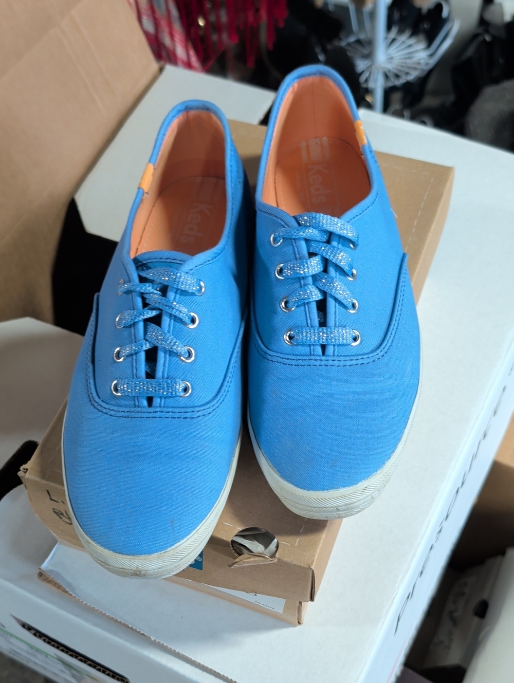 Keds Champion Bright Blue Canvas Lace-Up Sneakers with Orange Lining